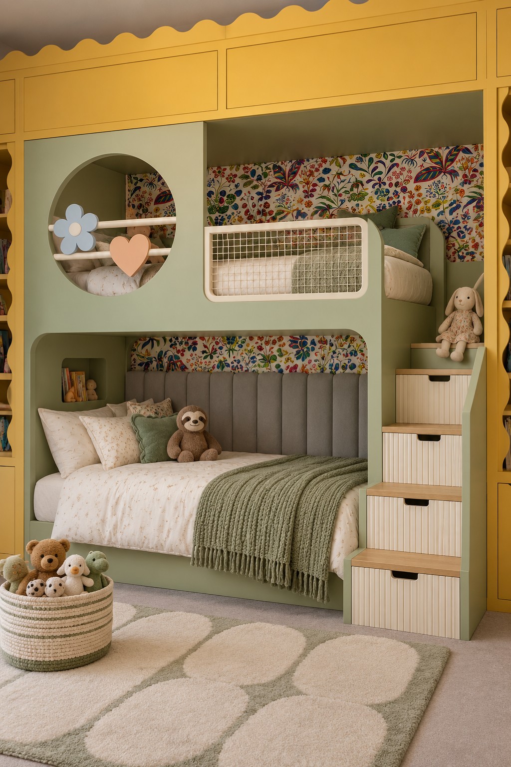 Sage green bunk bed with a round upper window, pale mesh guard, cream drawer steps, and a cream petal patterned rug