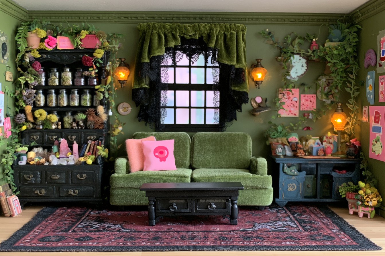Green room with a moss sofa, tall black shelves of jars, lower drawers, and a blue side cabinet beneath an amber lamp