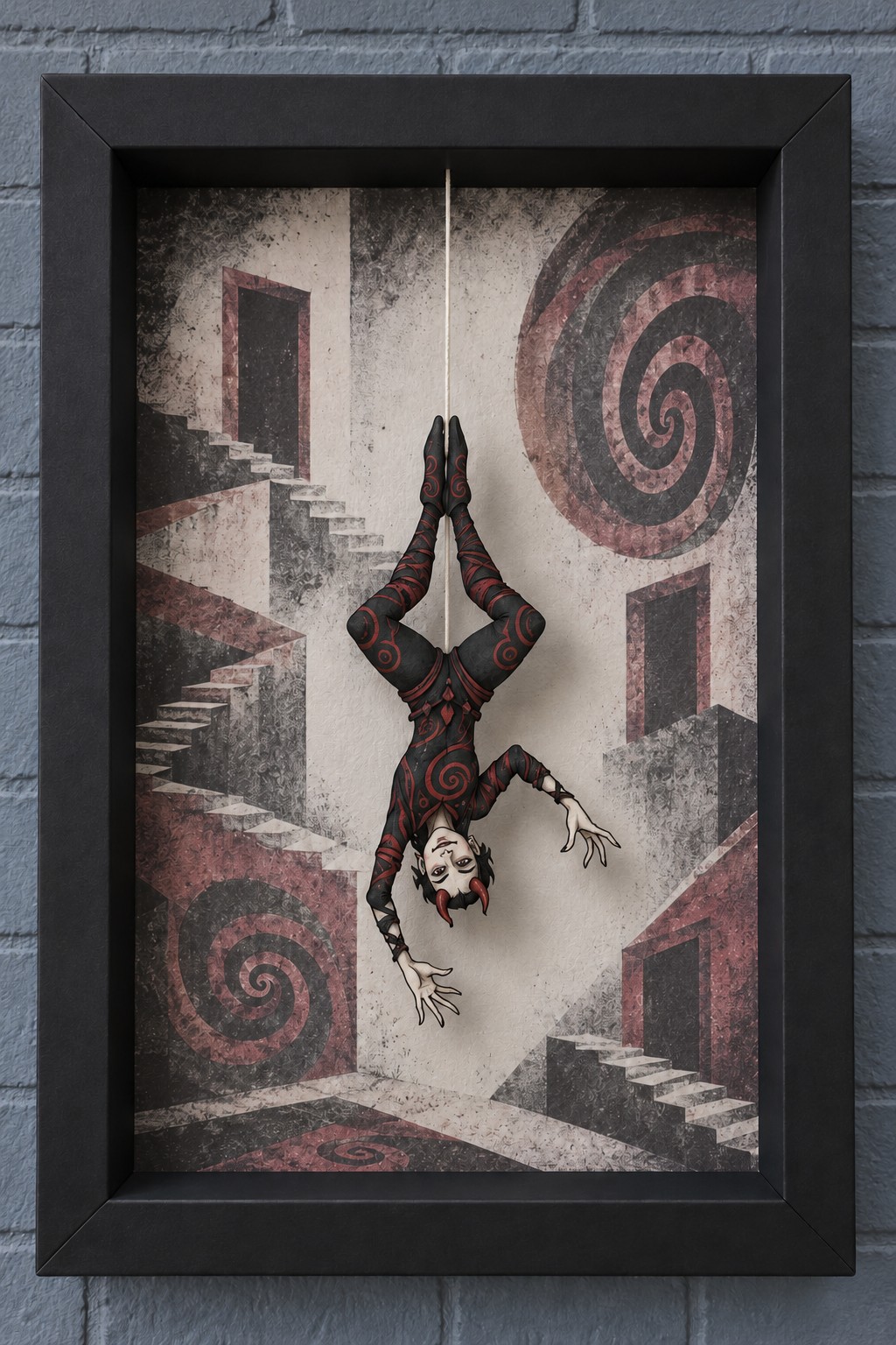 Upside down black and red jester in a charcoal frame with spiral graphics and impossible stairs