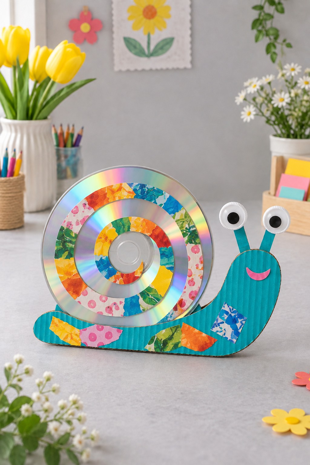Turquoise cardboard snail with a shiny CD shell, colorful paper spiral, and white cap eyes
