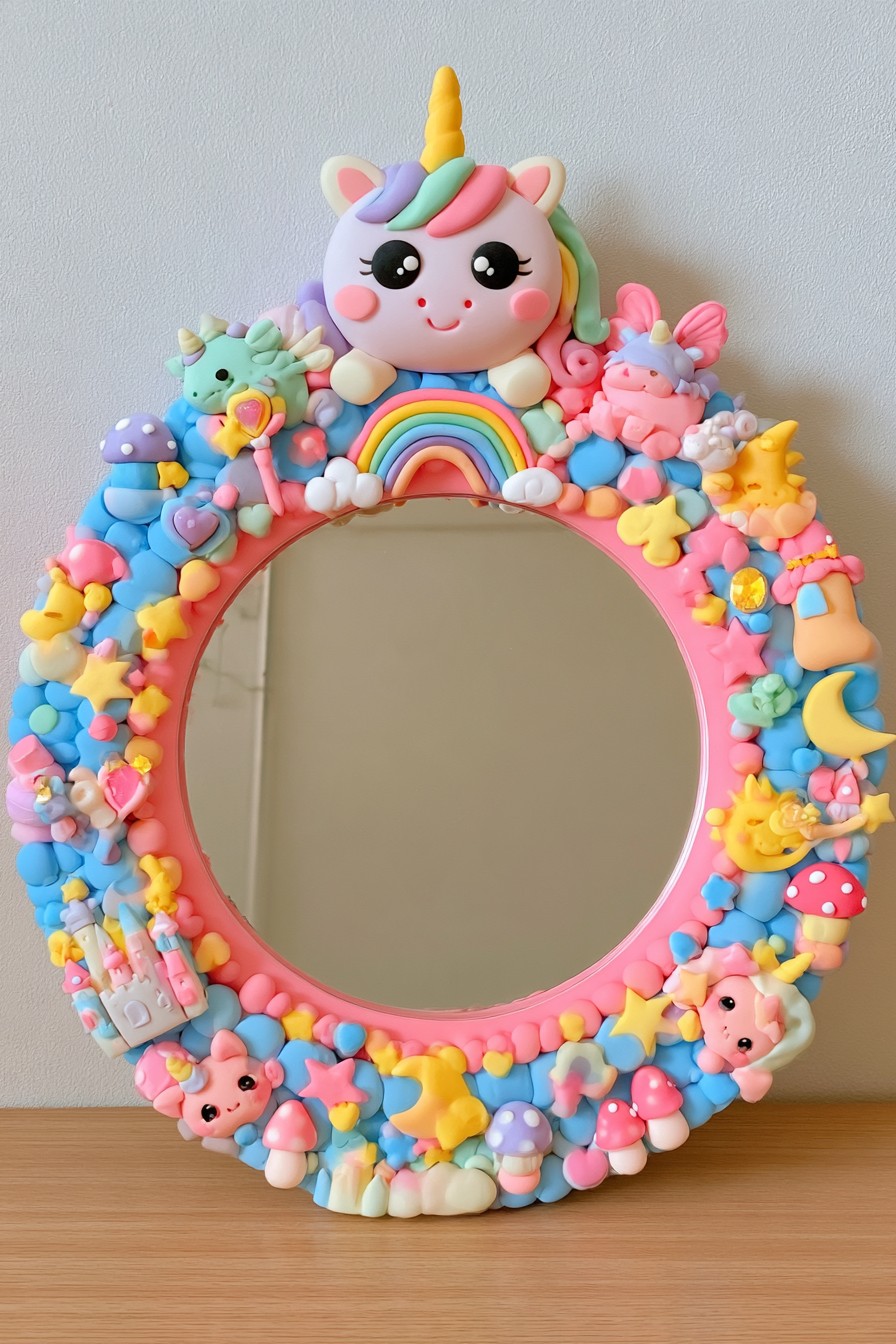 Round mirror with a large pastel unicorn, rainbow, flowers, hearts, and miniature creatures