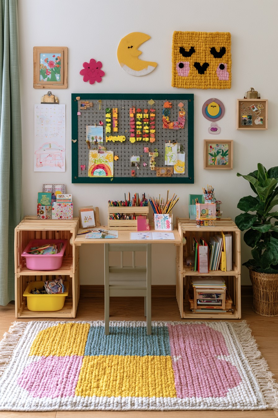 Children's art table with low wooden crate shelves for creative supplies