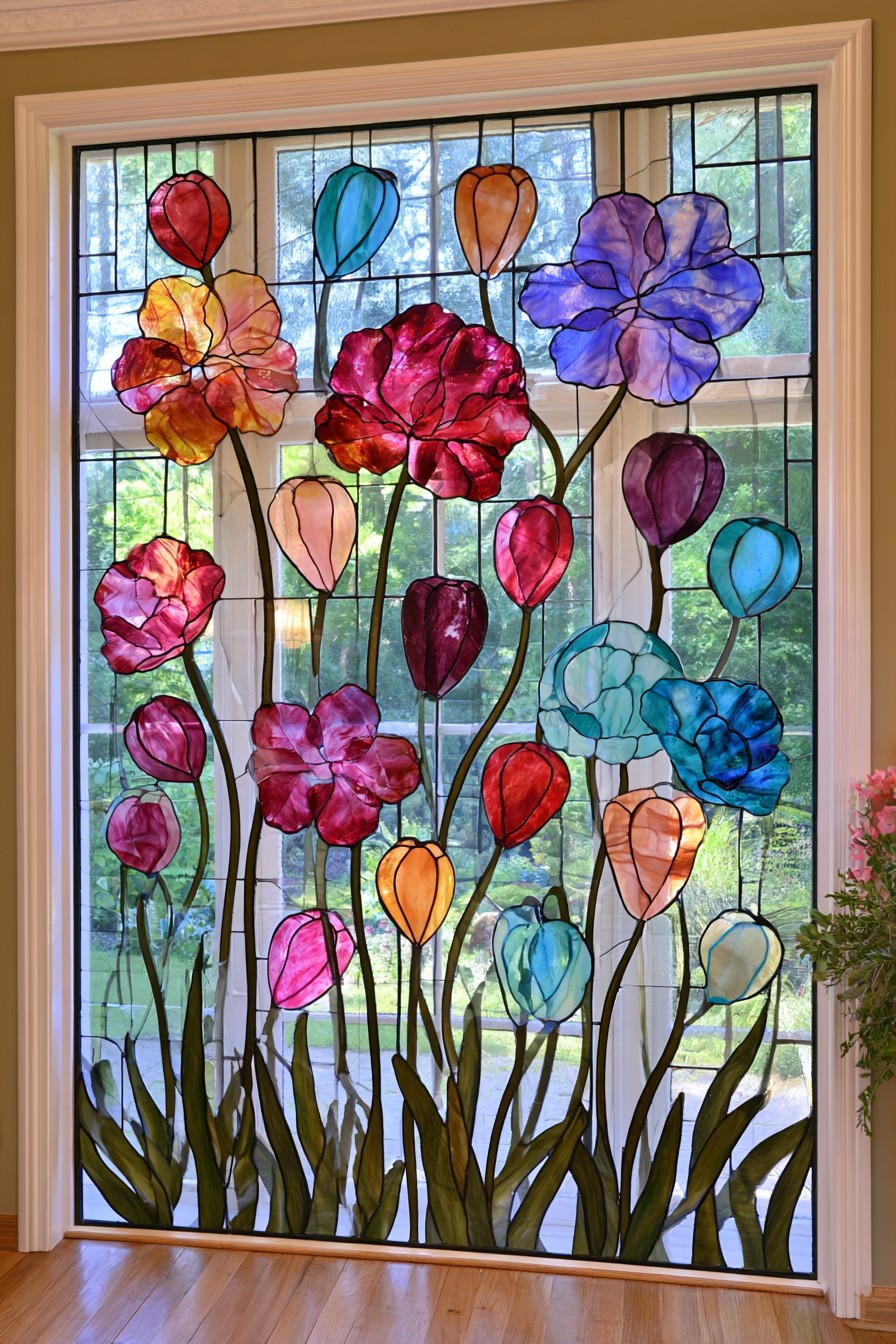 Colorful tall flowers and oval buds above dense dark green stems and leaves at the window base