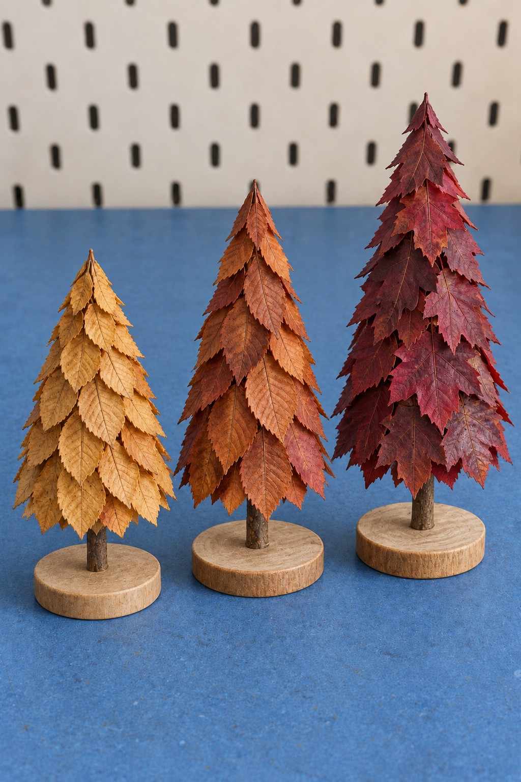 Three miniature trees covered in yellow copper and burgundy leaf layers on wooden bases