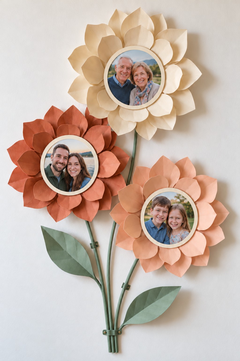 Three cream terracotta and peach paper flowers with round family photographs at their centers