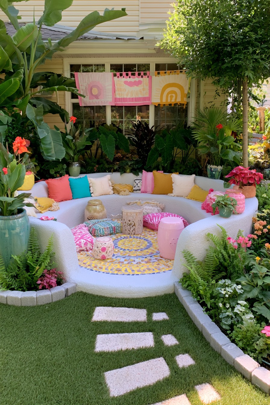 Curved garden benches around a colorful mosaic-patterned floor beside broad leaves