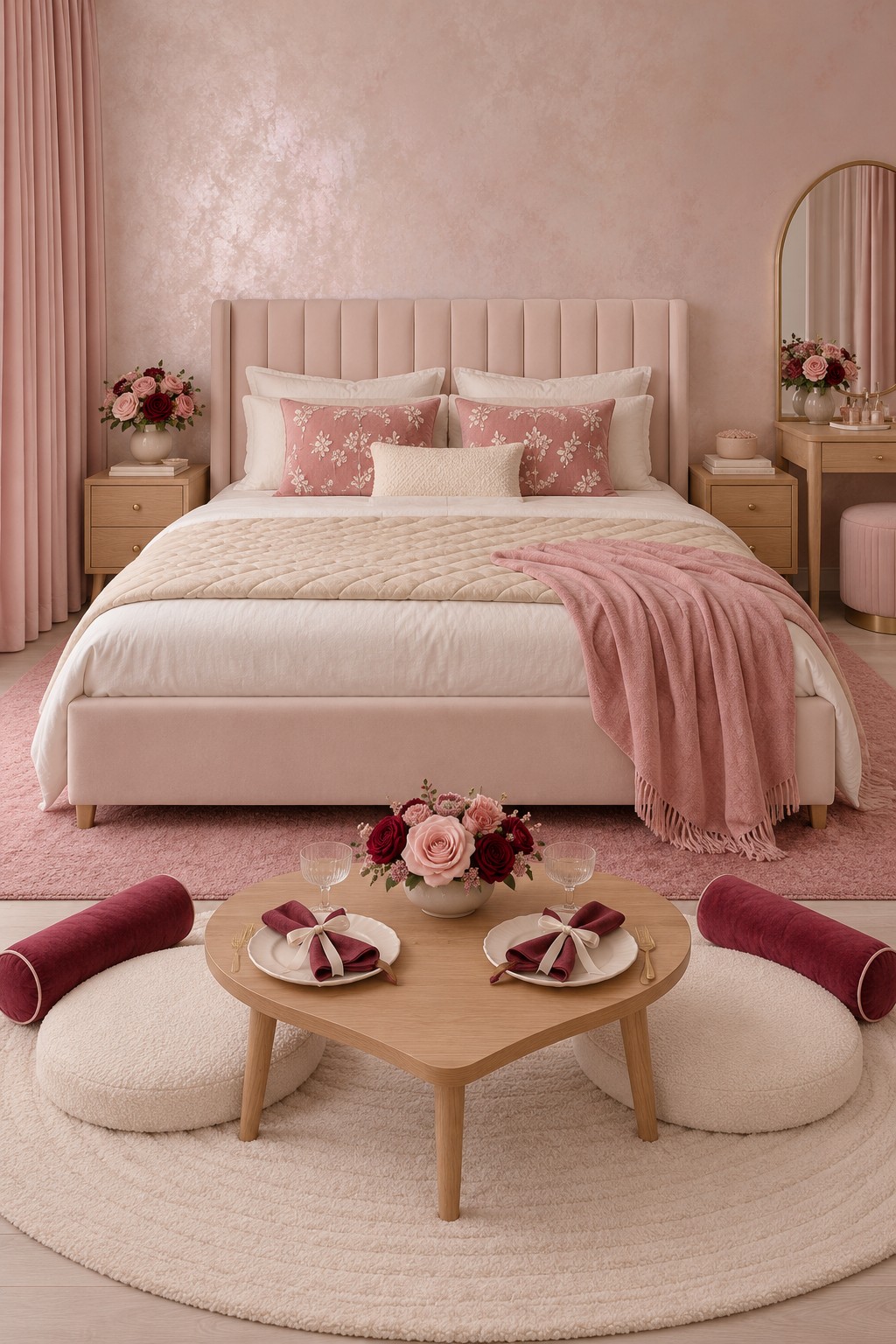Pink and cream bedroom with a small heart shaped wooden table, curved floor seats, and burgundy bolsters