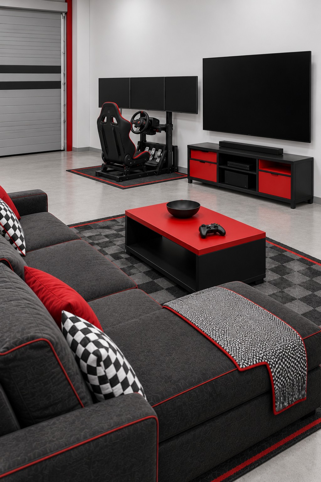 Red and charcoal garage gaming lounge with a racing simulator, three monitors, wall television, and sectional sofa