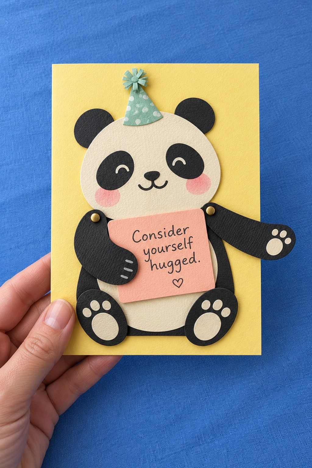 Yellow birthday card with a black and cream panda holding a coral note and movable arms