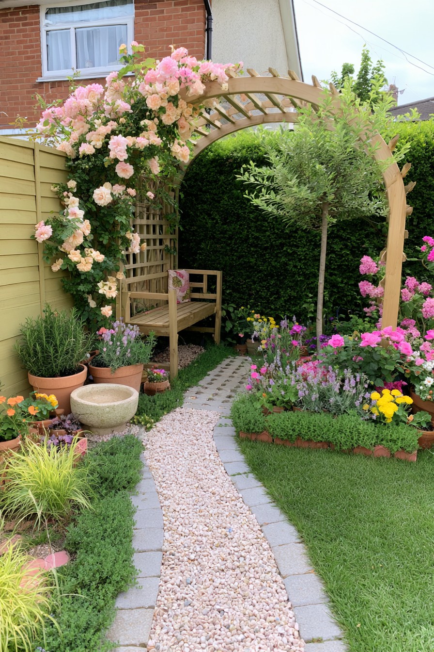 Curved timber rose arbor beside a winding gravel path and a small wooden seat