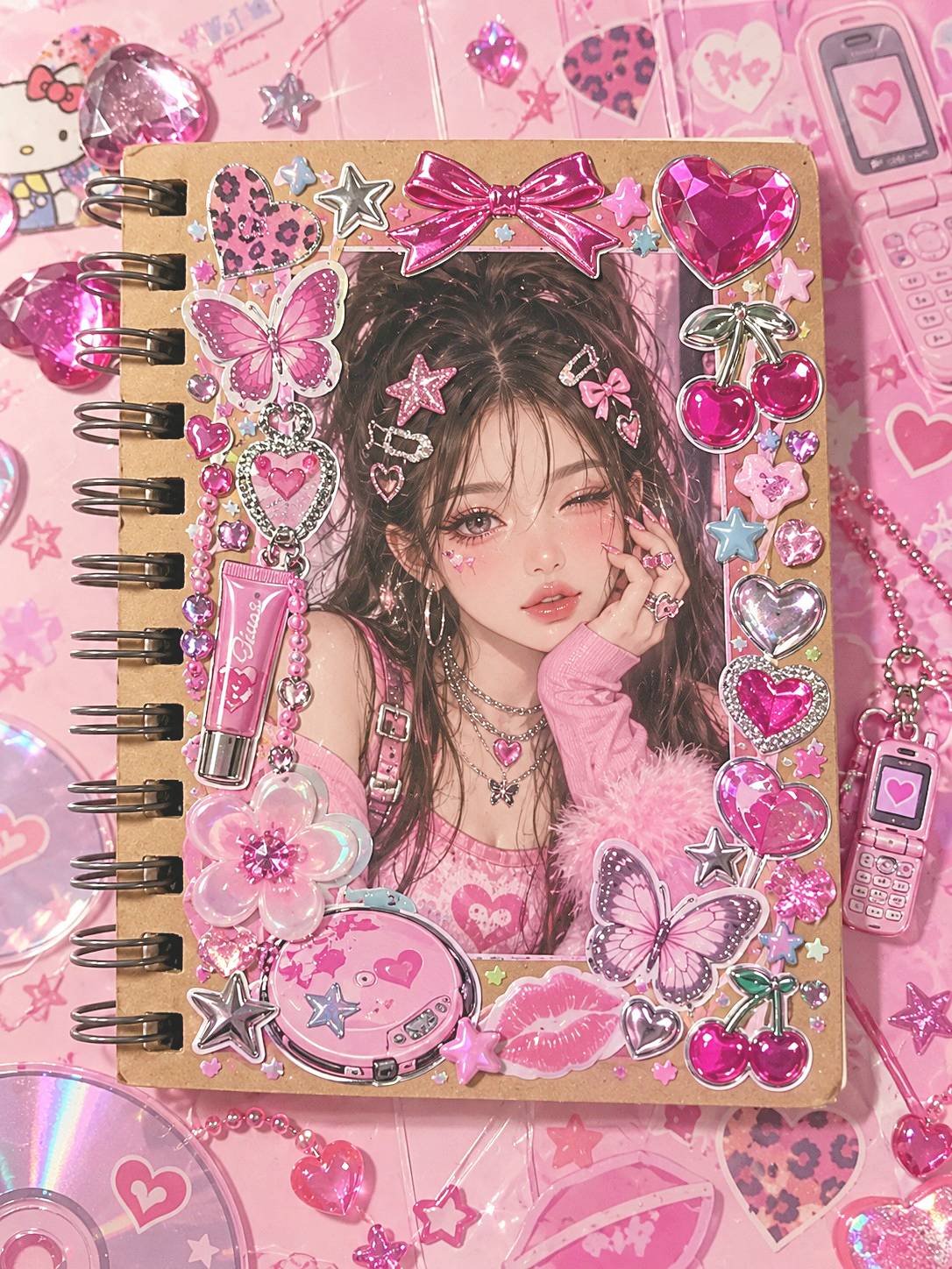 Pink Y2K portrait cover with butterflies, glossy hearts, cherries, and phone motifs
