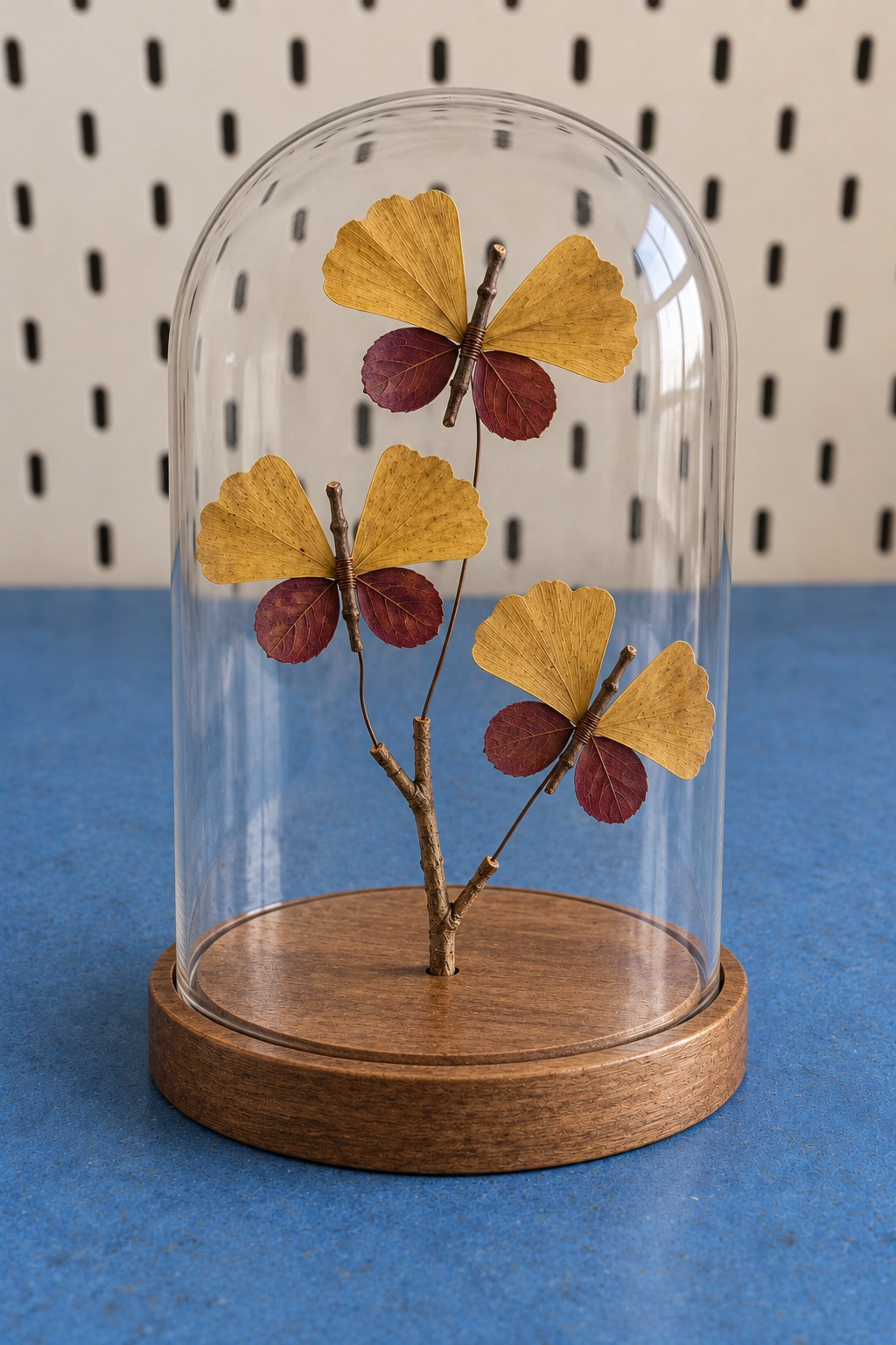 Yellow ginkgo leaf butterflies with burgundy lower wings arranged on a twig under a glass dome