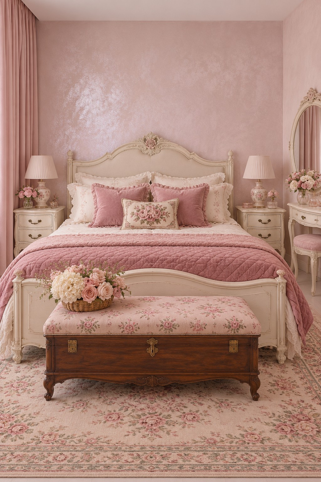 Carved cream bed with pink bedding and a dark wooden storage bench topped with floral upholstery