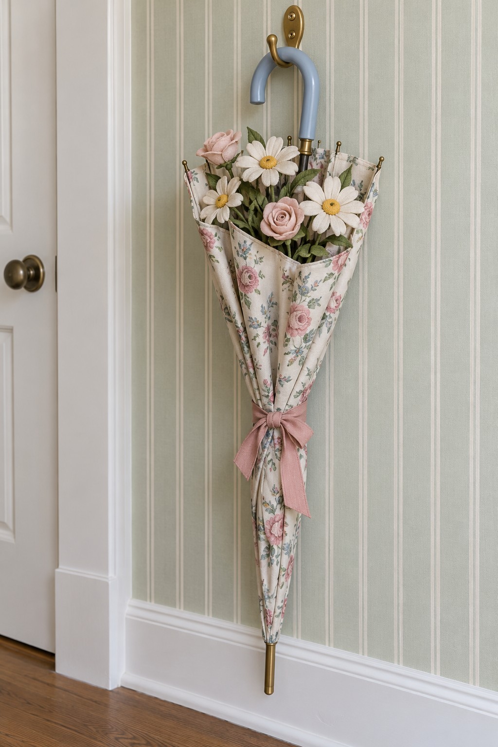 Closed floral umbrella with a blue curved handle and pink bow holding artificial daisies and roses on a striped wall