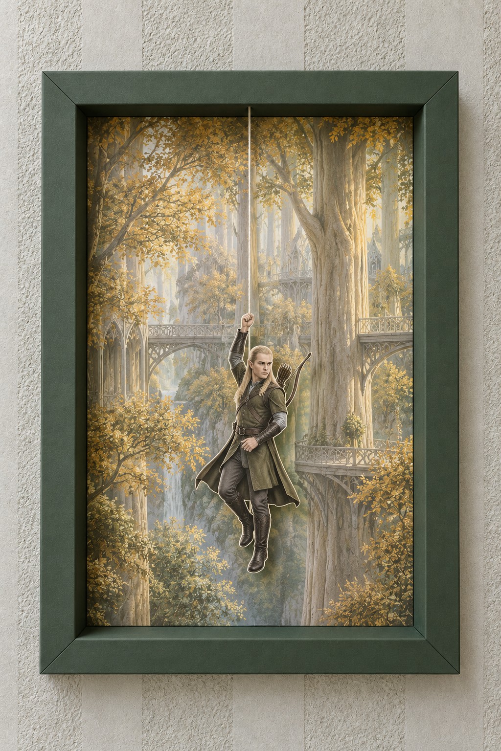 Dark green 3D frame with a suspended blond woodland archer against golden forest platforms and bridges