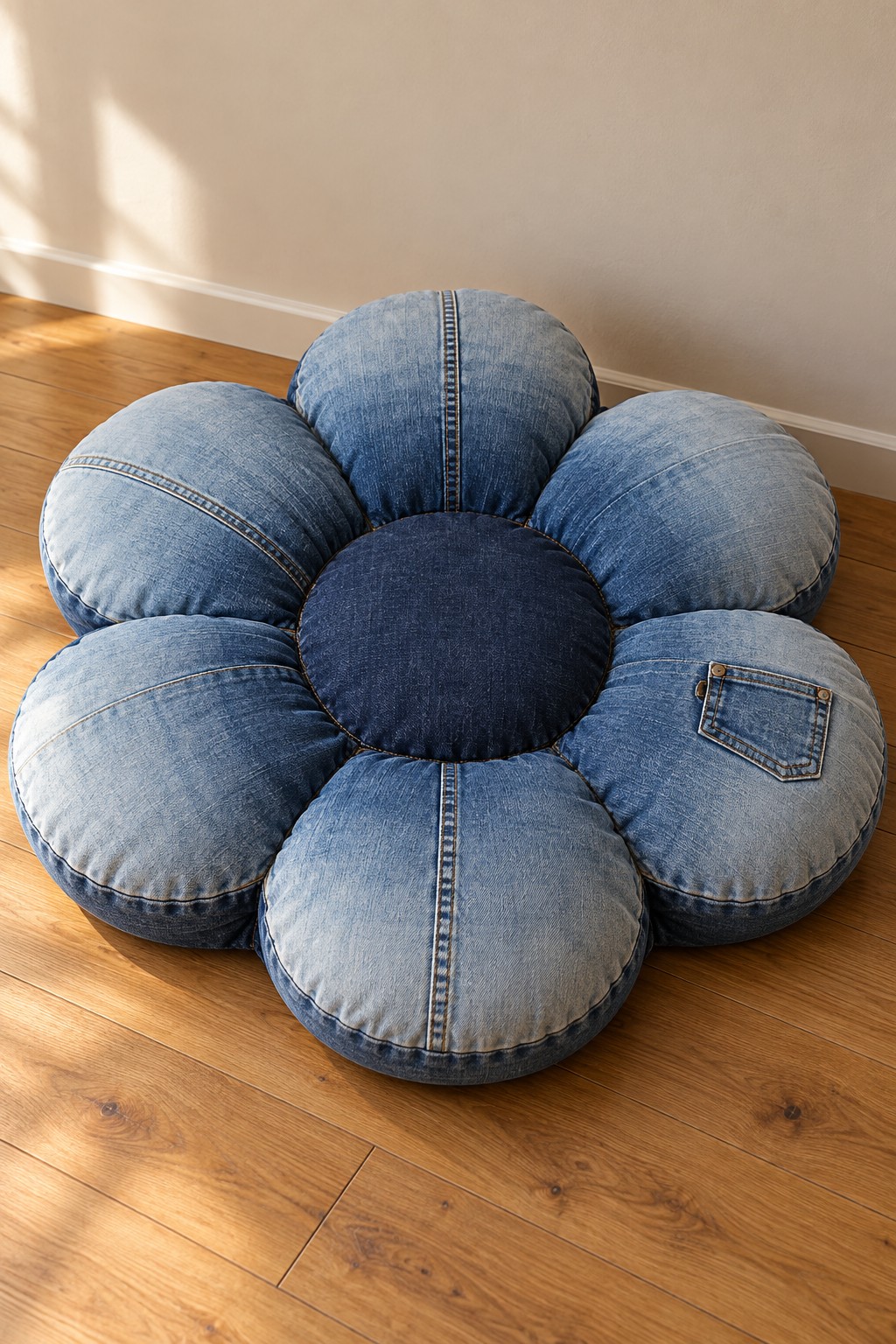 Blue denim flower cushion with rounded padded petals and a dark center