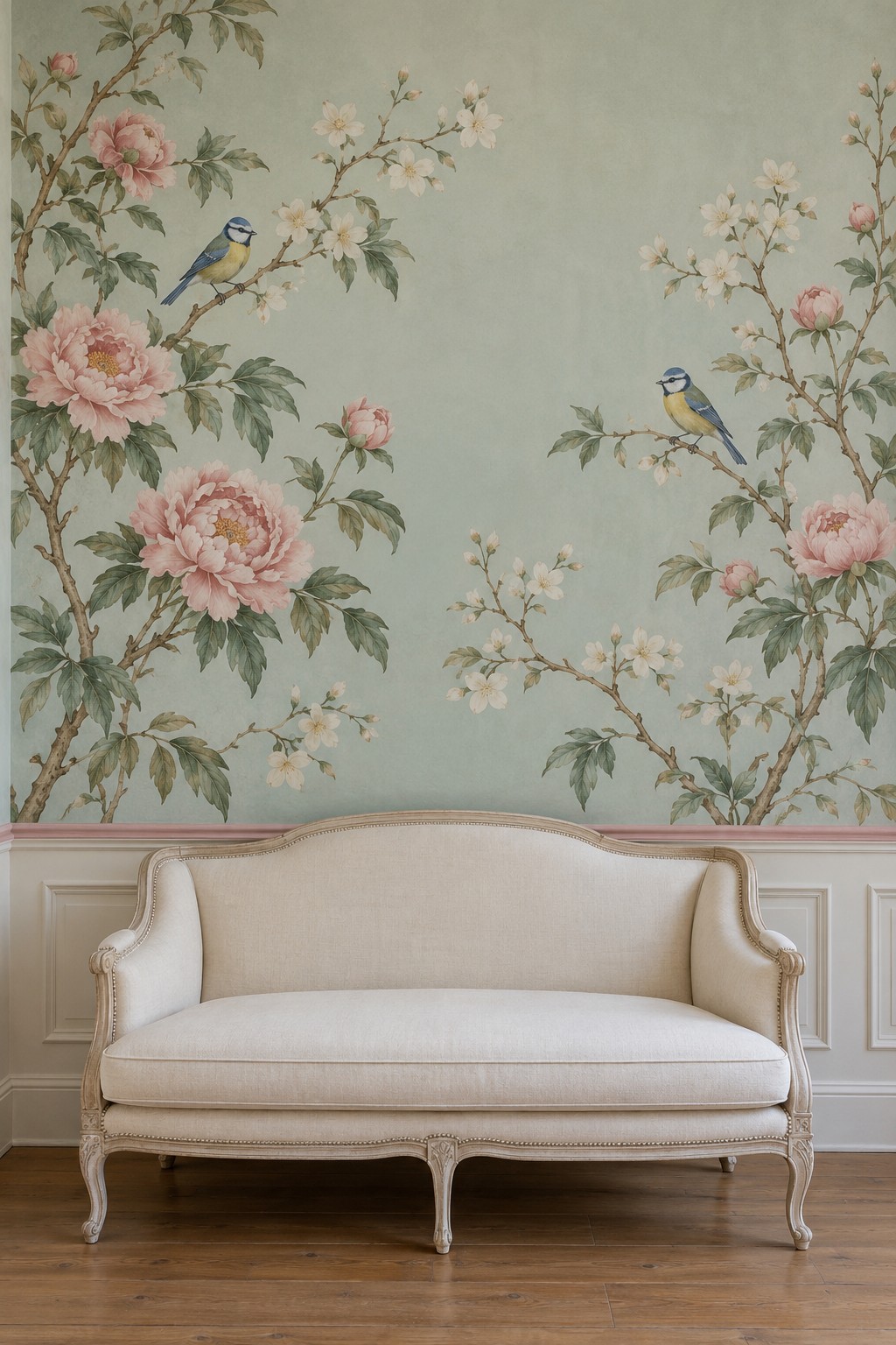 Pale blue wall mural with pink peonies, white blossoms, and small birds above a cream loveseat