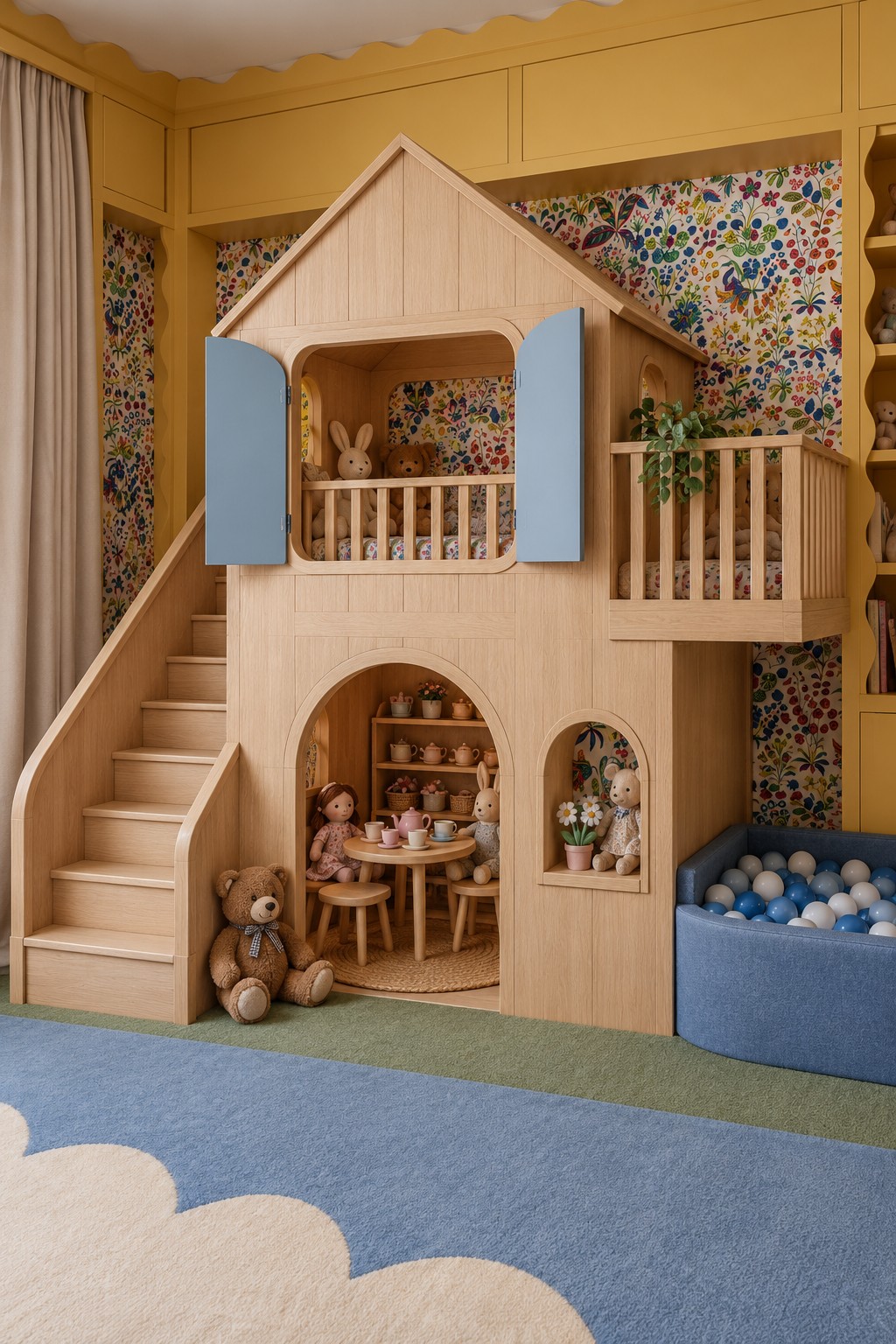 Timber indoor playhouse with blue shutters, left staircase, upper balcony, lower tea area, and a blue ball pit