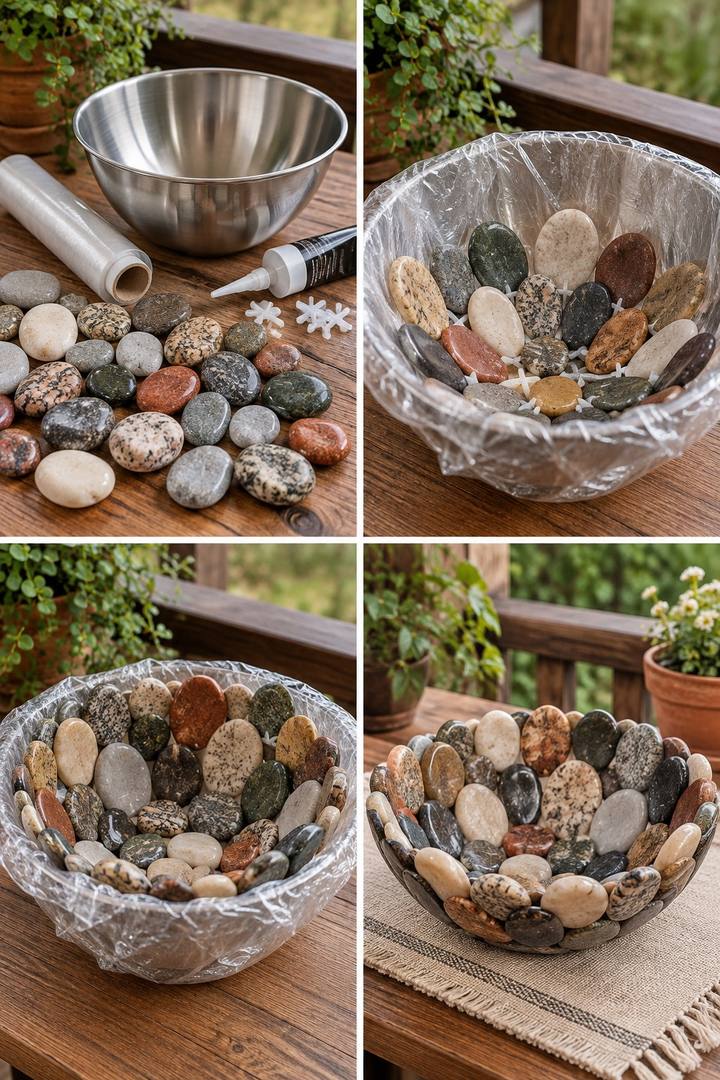 A mixing bowl mold lined with release film and joined pebbles forming a decorative bowl