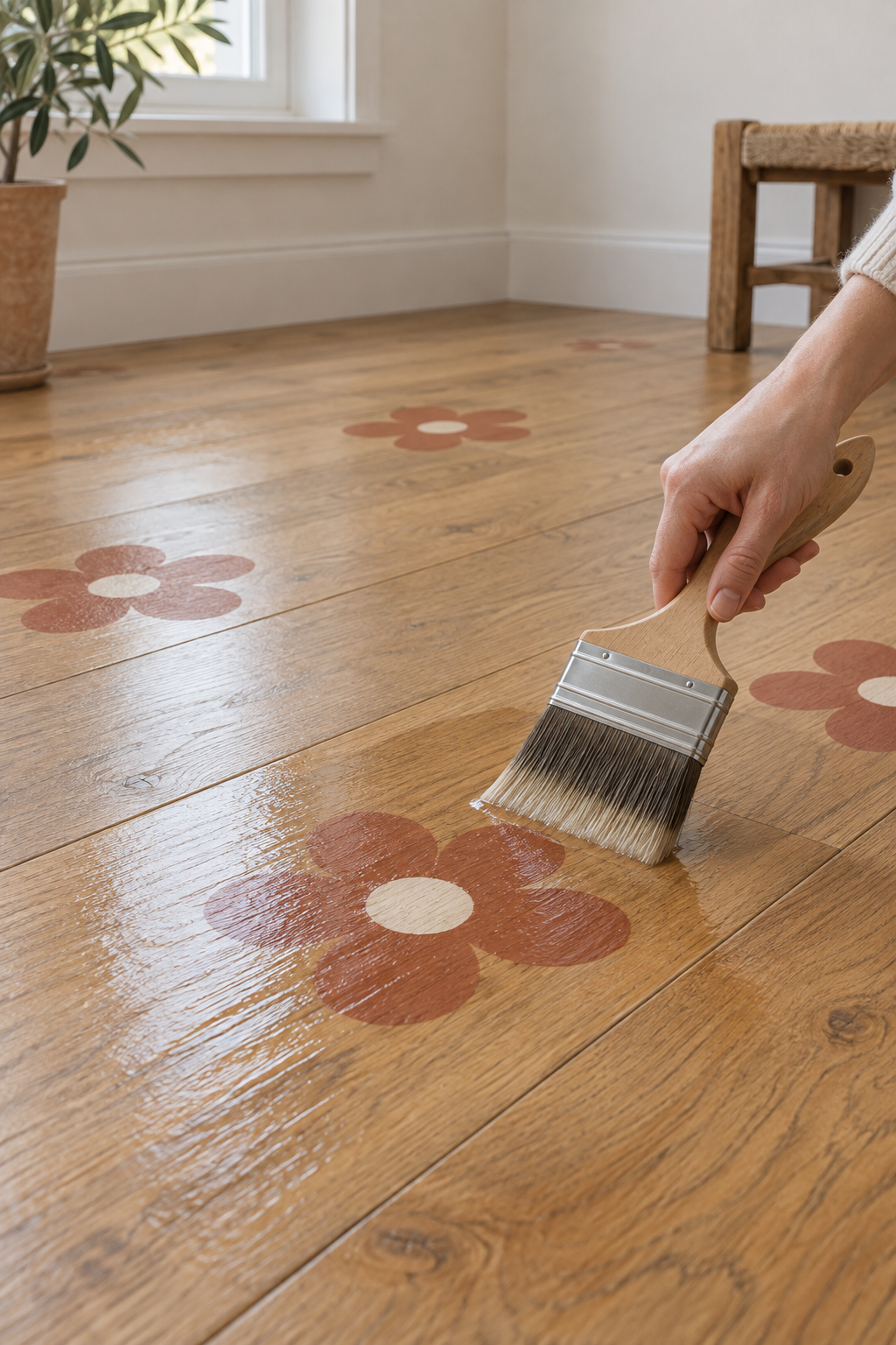 Wide brush applying a clear finish across a terracotta flower painted on wooden floorboards