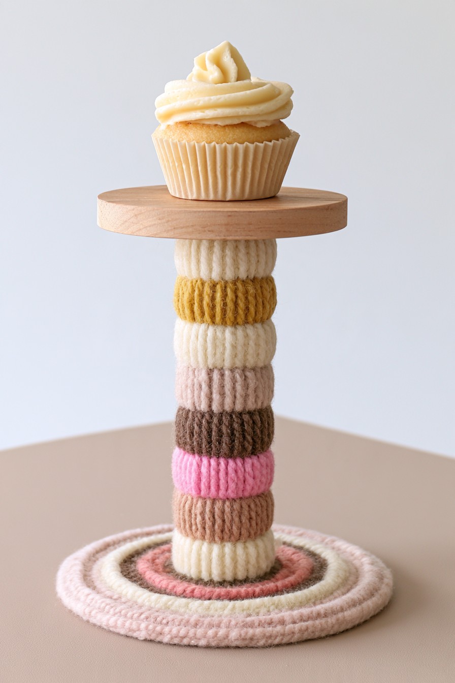 Single cupcake on a timber platform with a ribbed multicolor yarn column