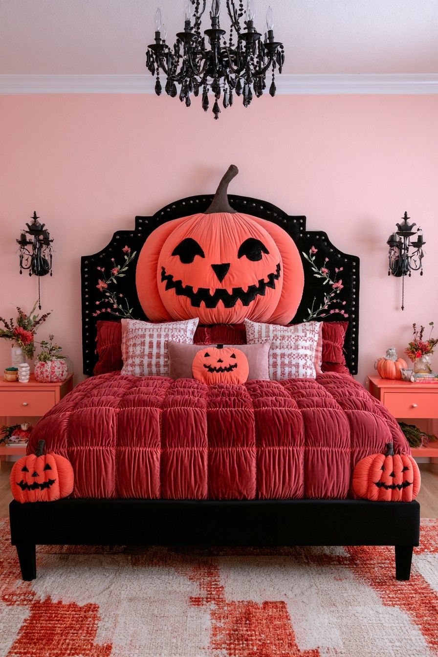 Black bed with an oversized orange pumpkin at the headboard and burgundy bedding