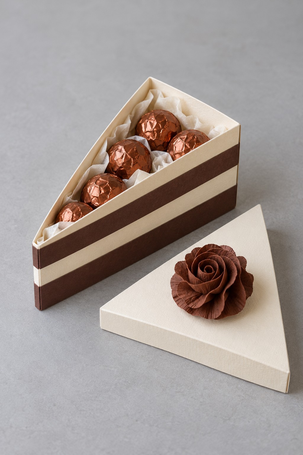 Triangular cream and brown layer cake gift box with wrapped chocolates and a separate rose topped lid