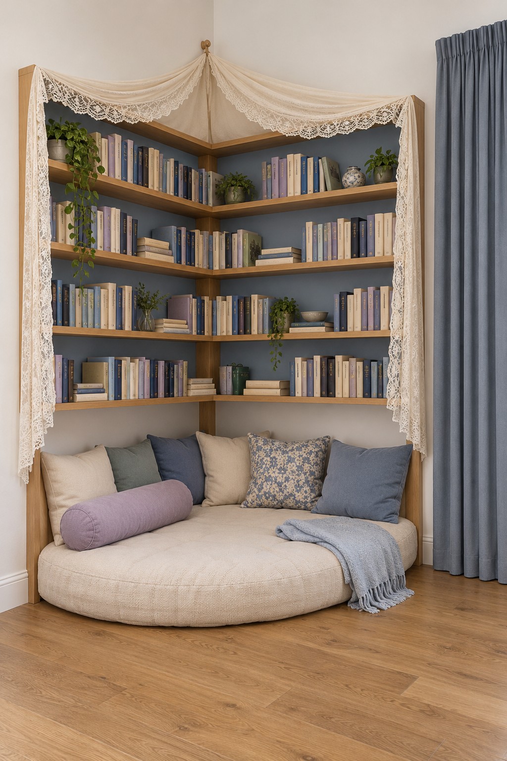 Round cream floor cushion beneath corner wood bookshelves, blue backing and a cream lace canopy with blue pillows