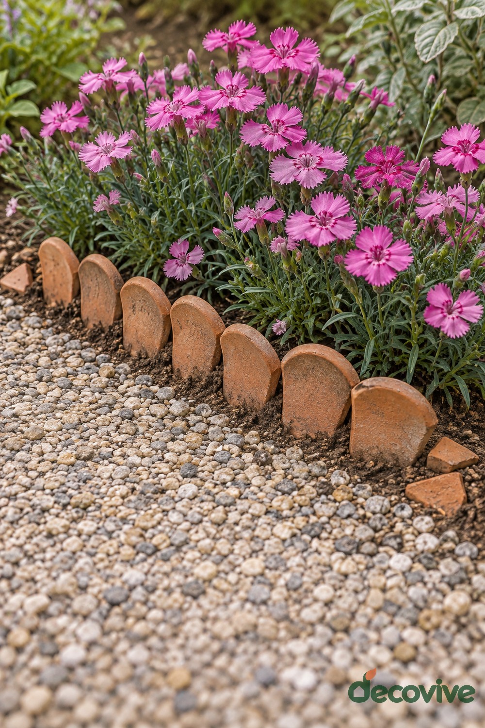 Scalloped Terracotta Edging Along a Gravel Path
