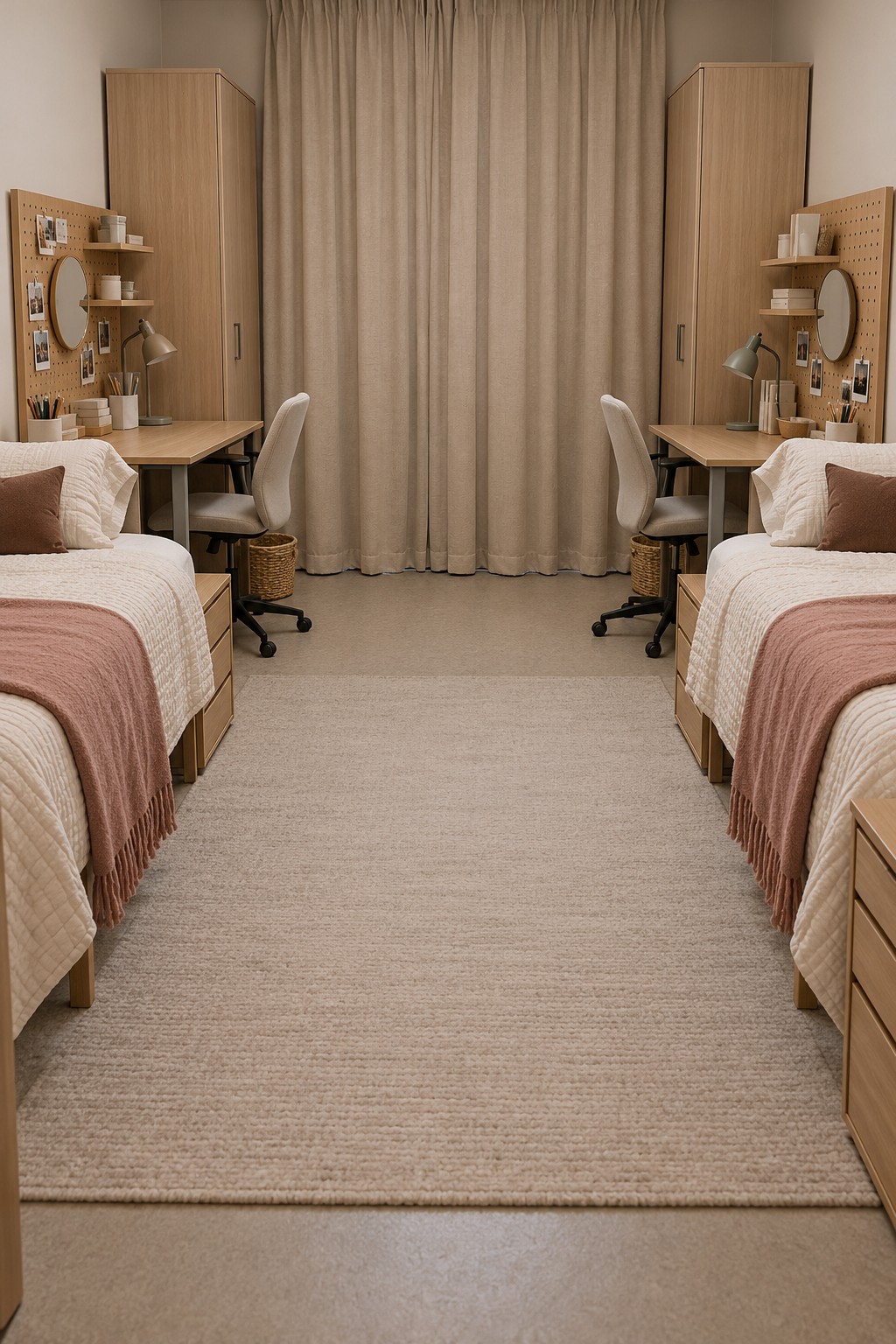 Two low beds with dusty rose throws, wooden wardrobes, and individual pegboard desks with round mirrors