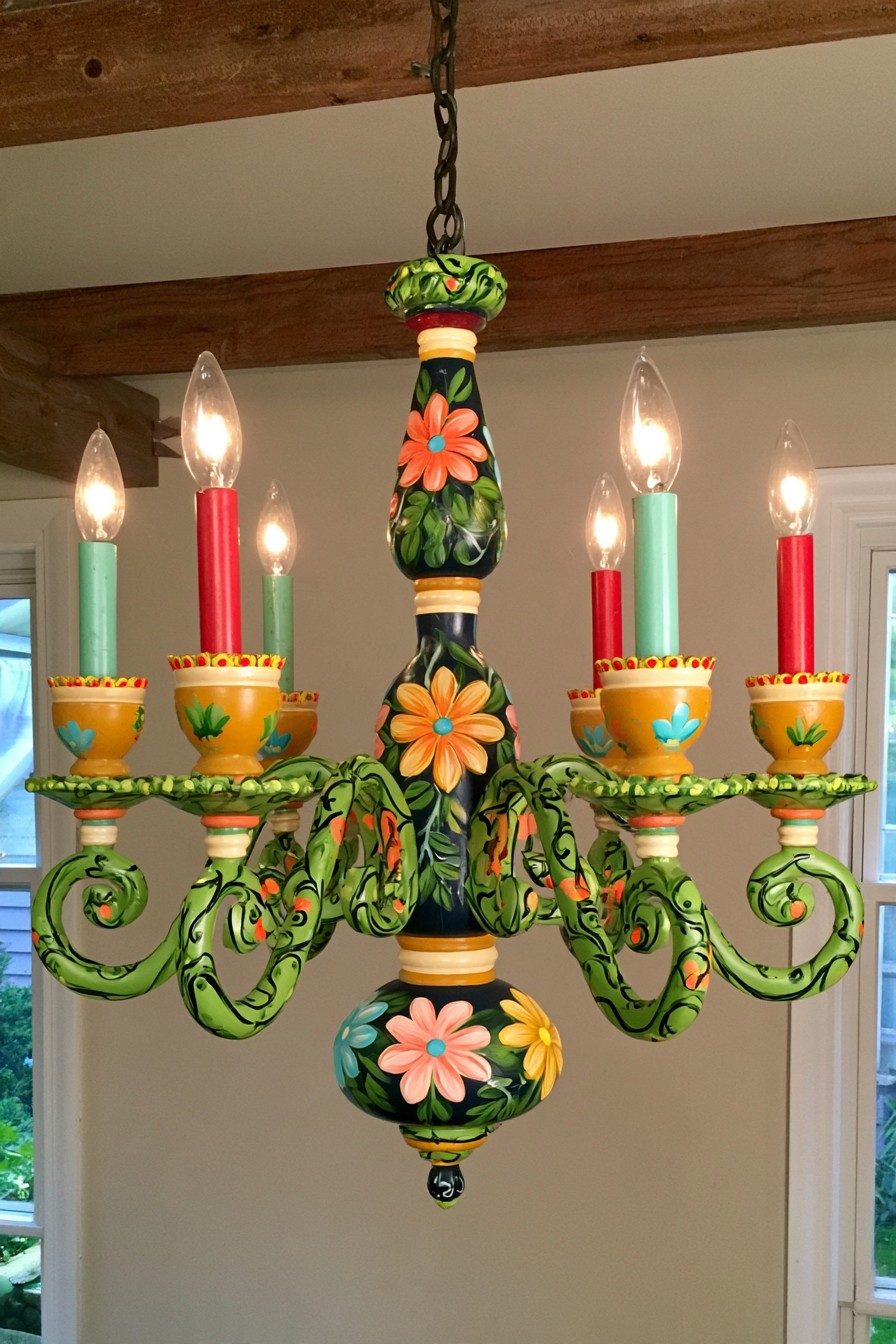 Colorful folk art chandelier with large painted flowers, green arms and red and mint candle sleeves
