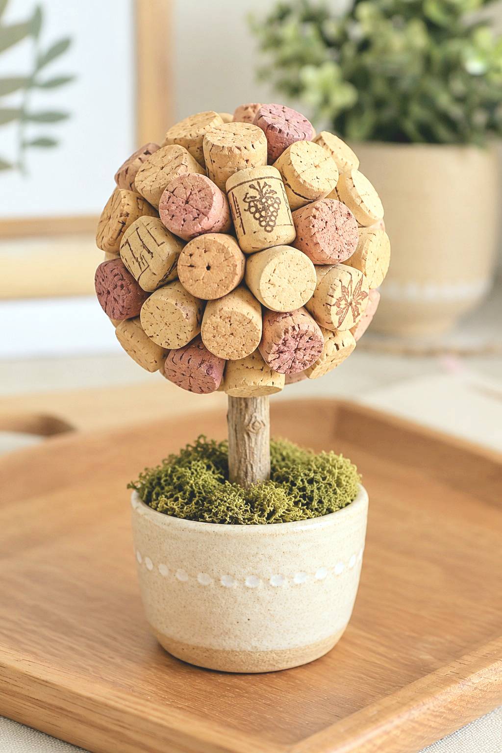 Rounded cork topiary crown above a stem and small pot