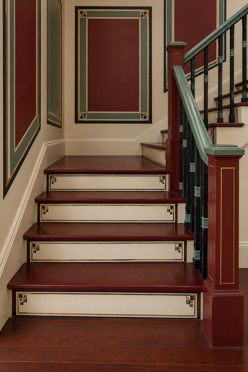 Wood toned treads with bordered cream risers, green handrails, oxblood posts, and rectangular wall panels
