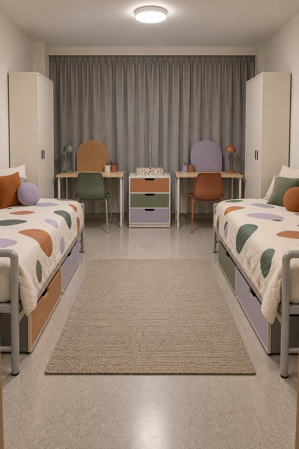 Two beds with abstract pastel covers, two rear desks with rounded panels, and a pastel drawer cabinet