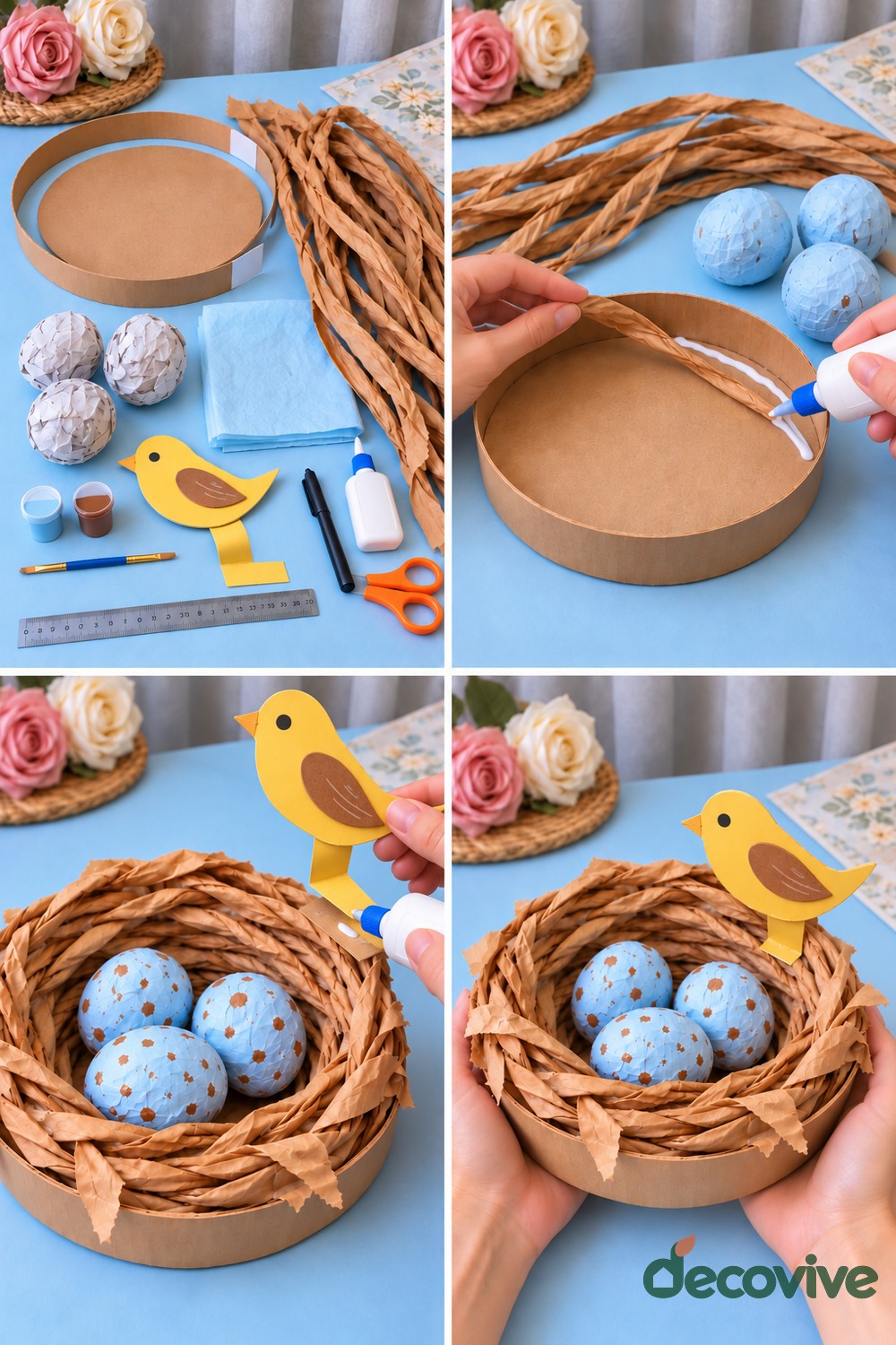 Making sequence for a twisted paper bird nest with speckled eggs