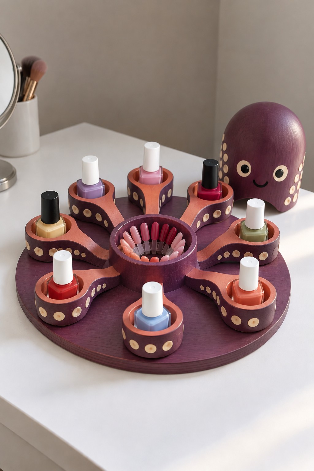 Purple octopus shaped organizer with bottle cups around its arms and a central ring of nail swatches