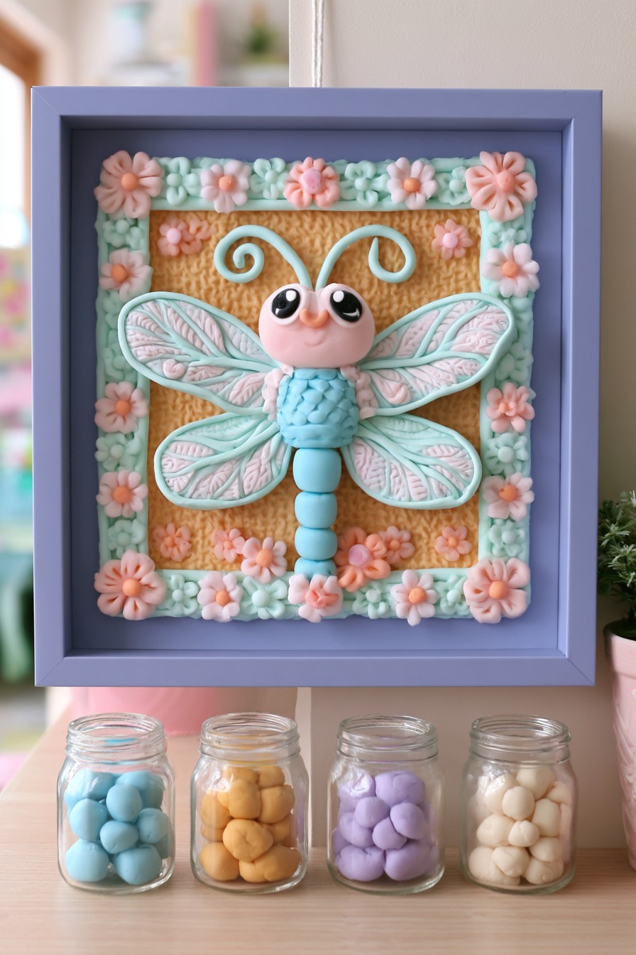 Mint and pink sculpted dragonfly surrounded by flowers in a lavender frame