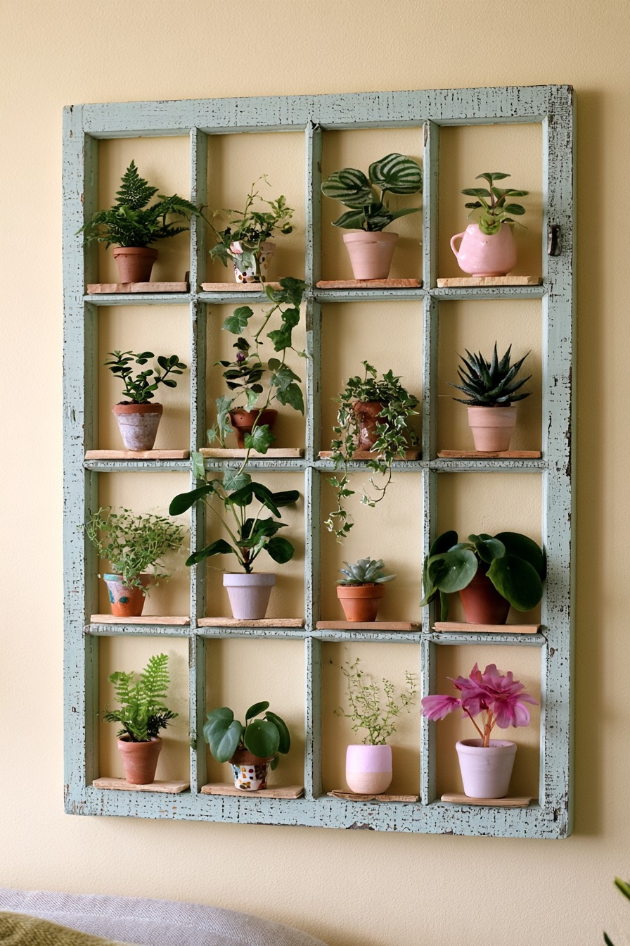Multi pane old window fitted with small shelves for miniature potted plants