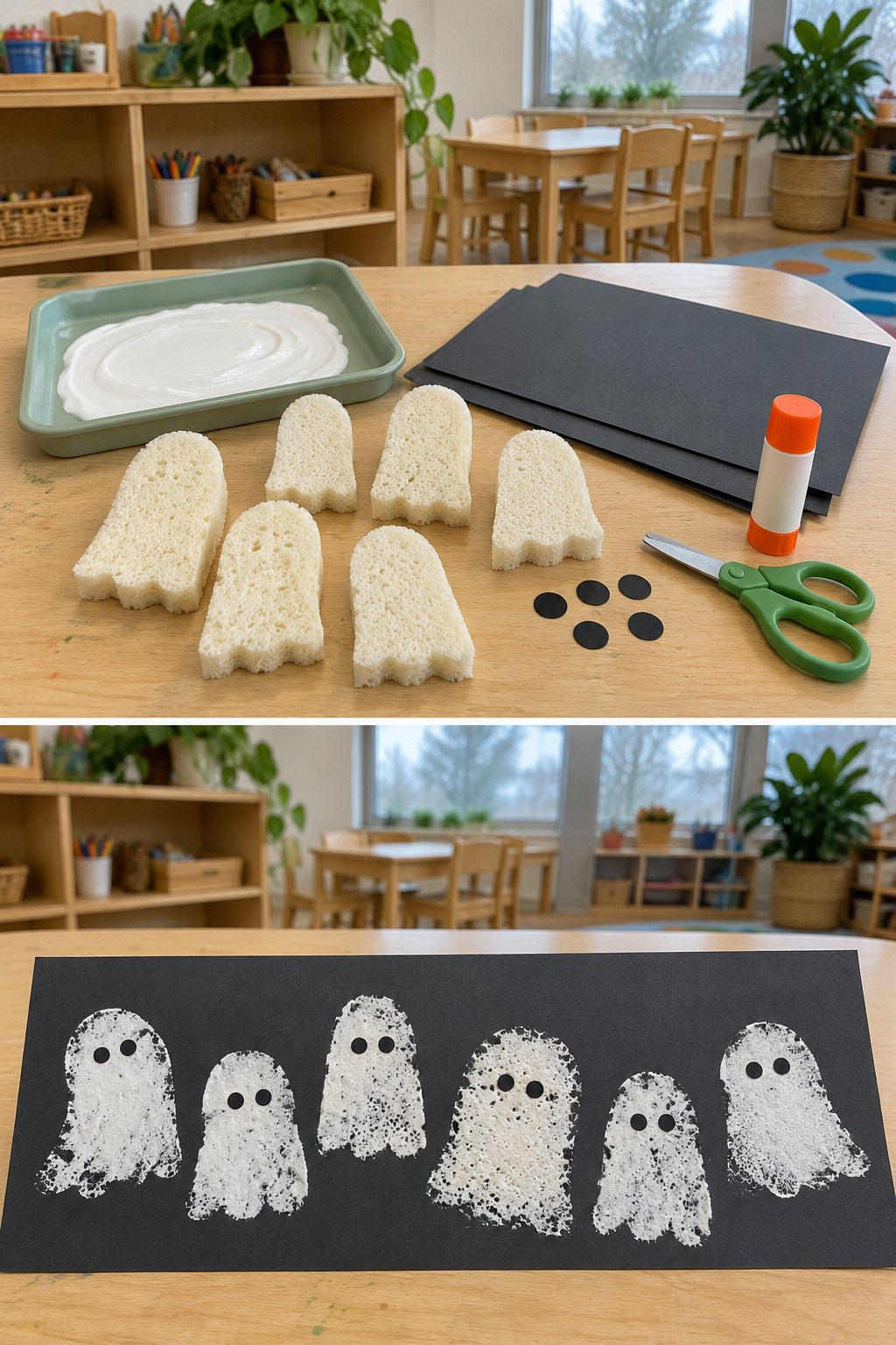 Ghost-shaped sponges and white paint above a row of white ghost prints on black paper