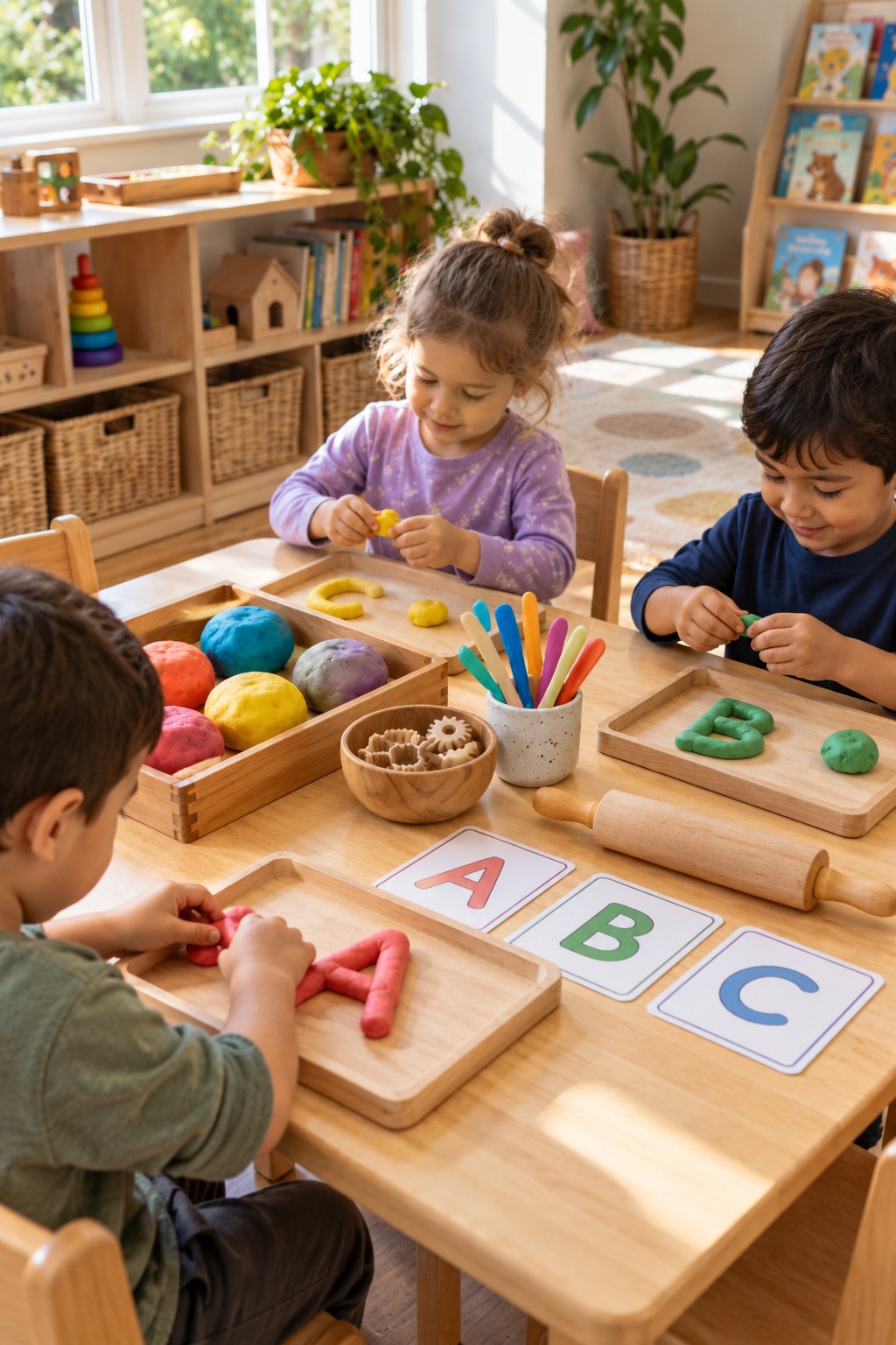 Children forming playdough letters beside printed letter models