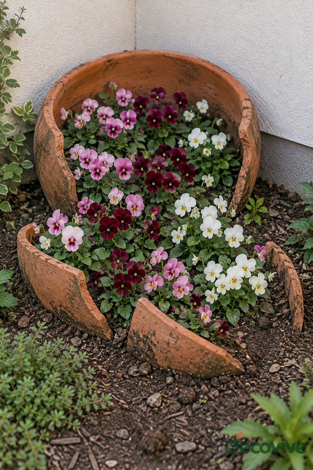Two Level Flower Cascade in a Broken Terracotta Pot