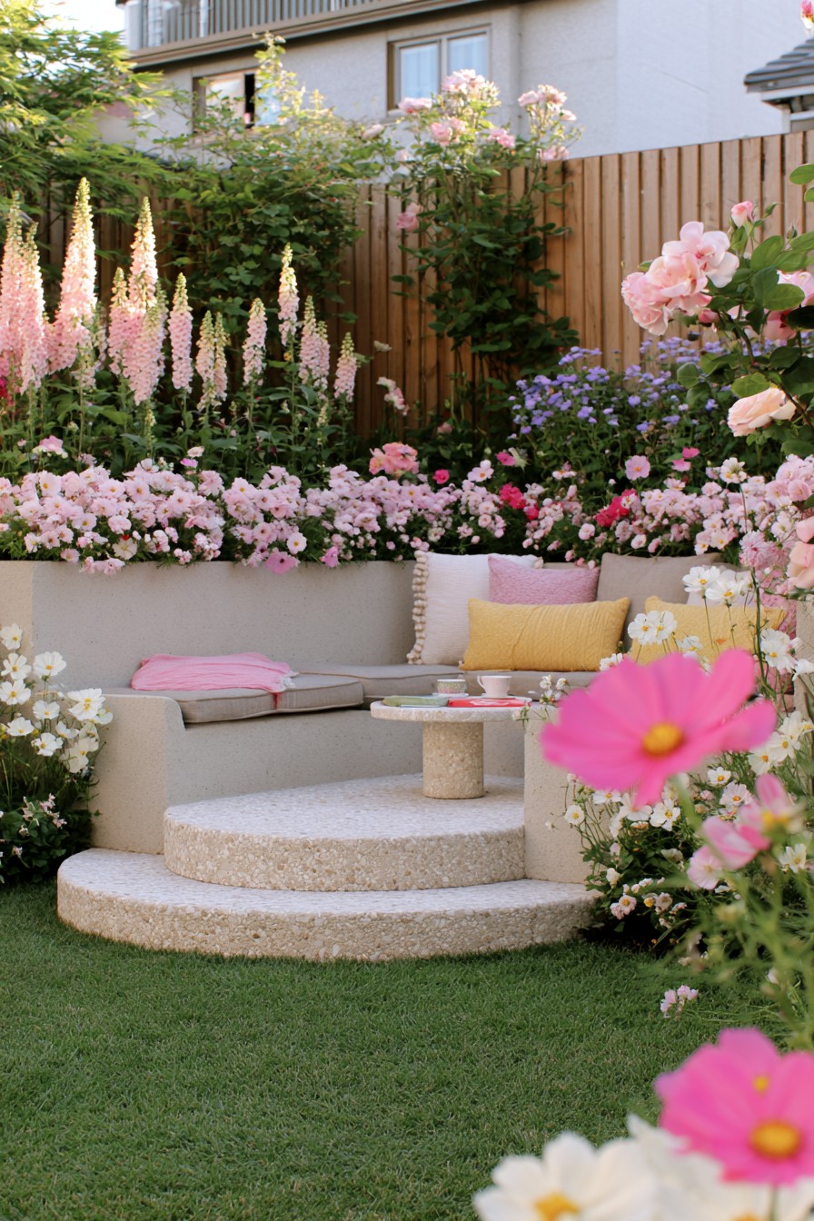 Raised seating terrace with two curved entrance steps, pastel cushions, and rear flowers