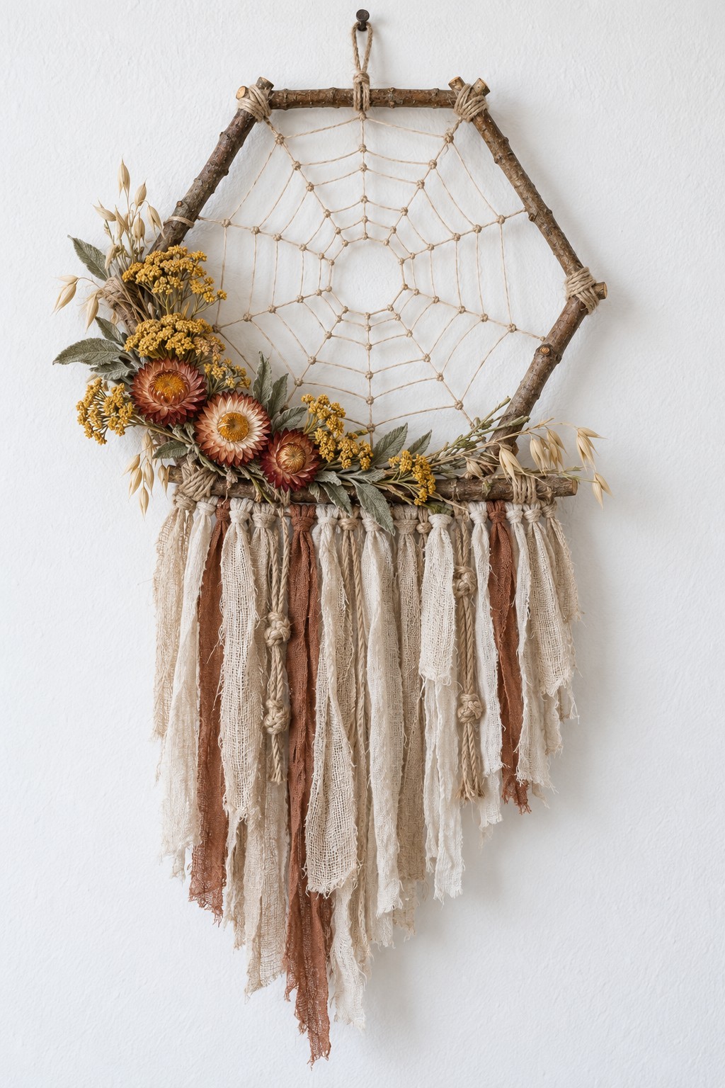 Hexagonal twig web decorated with rust colored strawflowers, yellow dried flowers, oats and cream and terracotta fringe