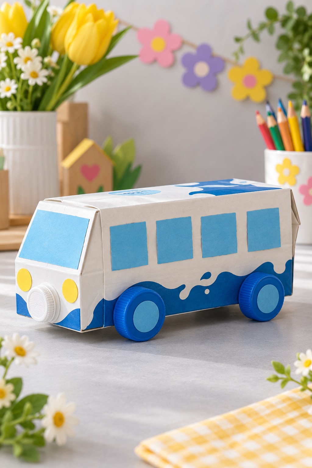 White and blue carton bus with square windows, yellow headlights, and blue bottle cap wheels