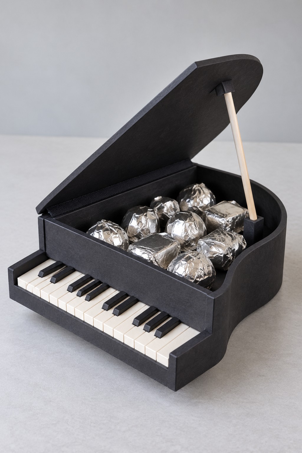Black grand piano shaped chocolate box with a miniature keyboard, fabric lid hinge, and wooden lid prop
