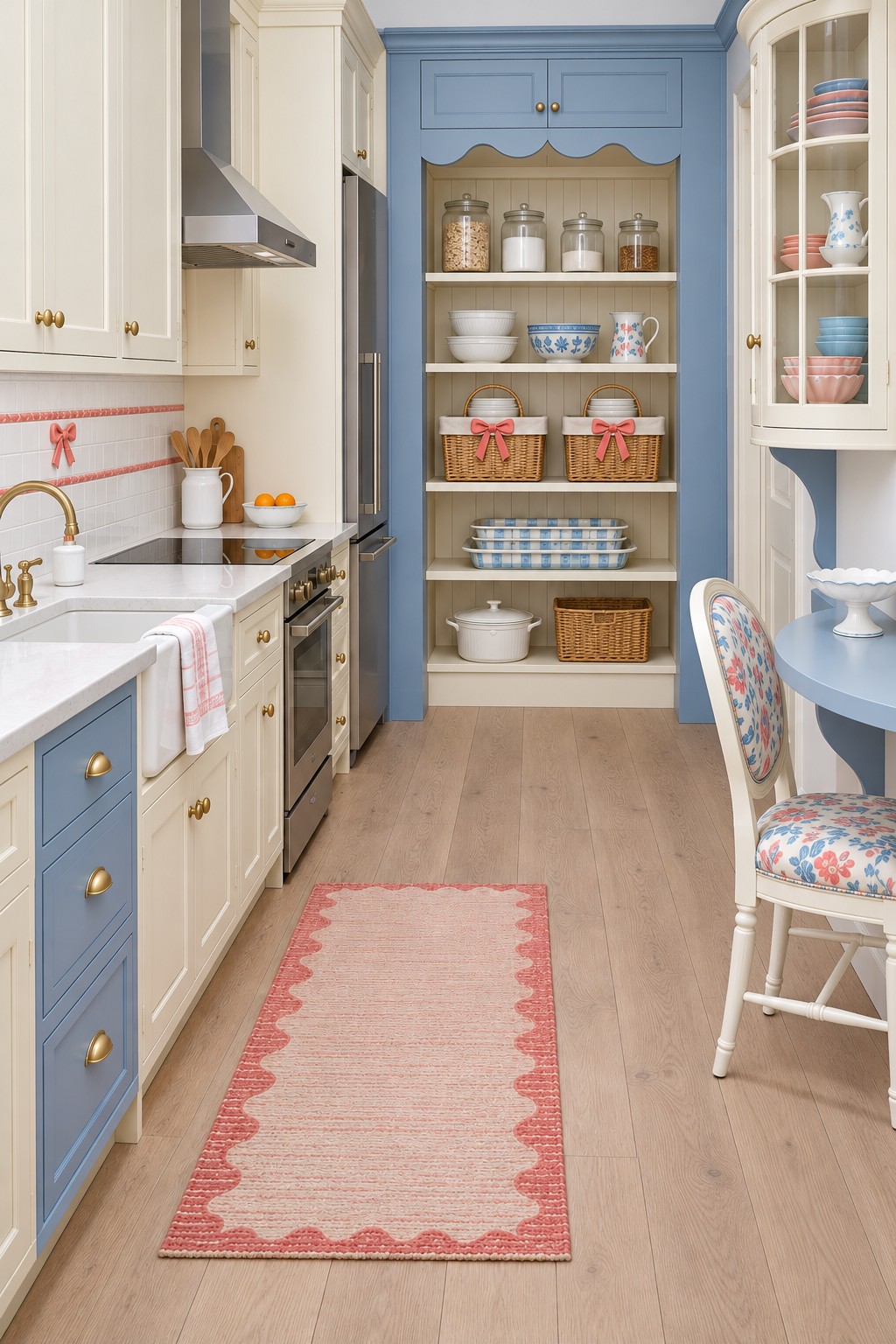 Blue framed pantry alcove with scalloped trim, glass storage jars, crockery, ribboned wicker baskets, and cream kitchen cabinets