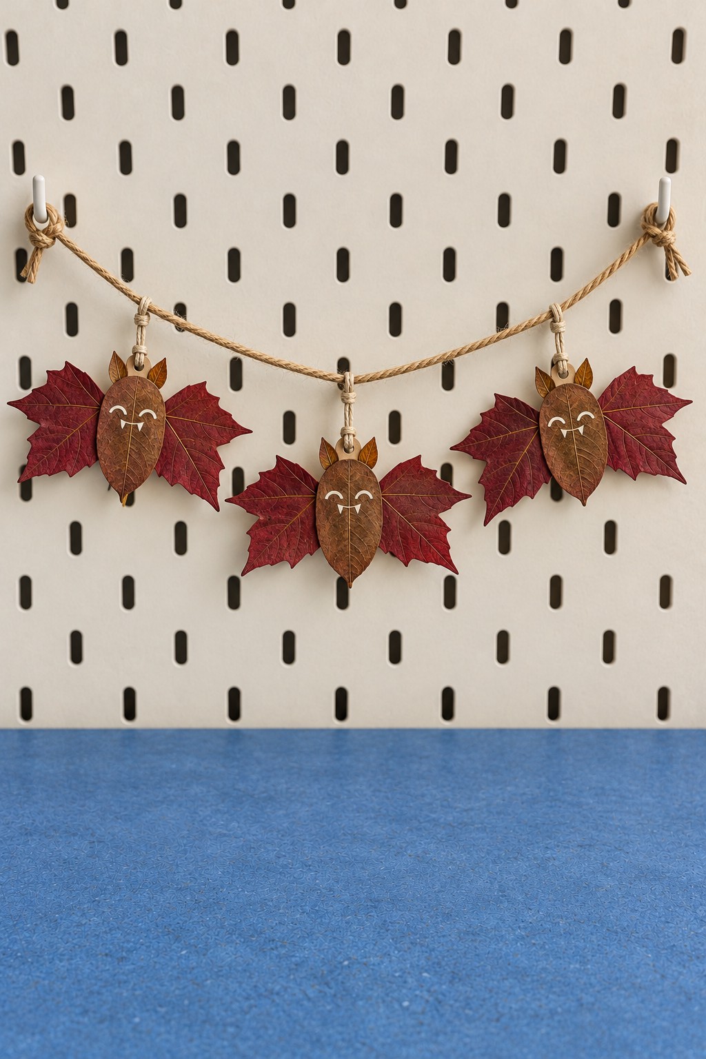 Three brown leaf owls with red maple leaf wings clipped to a jute garland