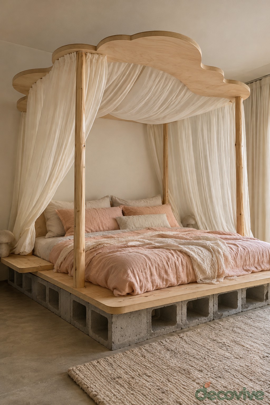 Wooden canopy bed with cream curtains and a low concrete block base