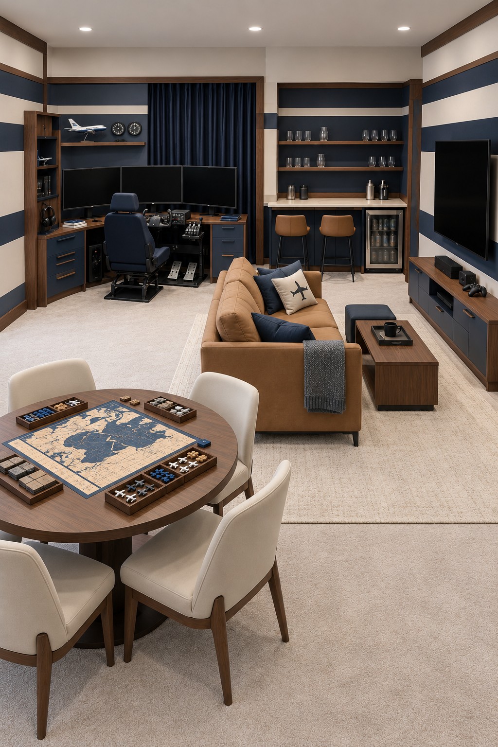 Navy and cream basement with a flight simulator, aviation display, round strategy game table, and tan sofa
