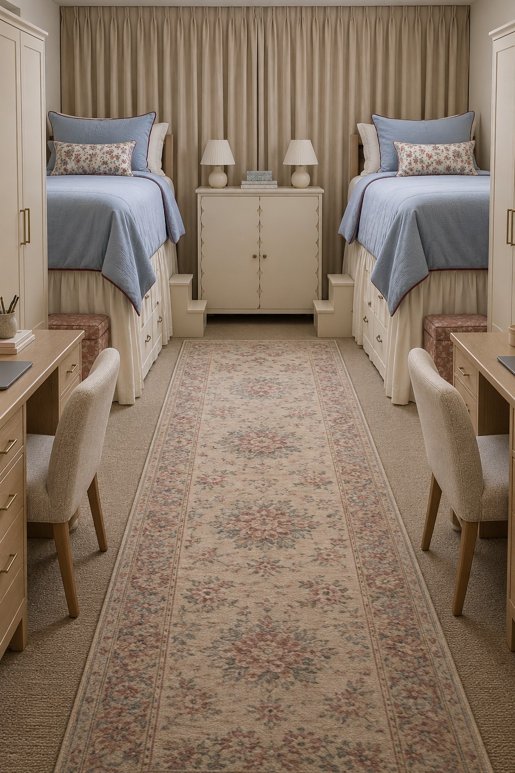Two raised beds with powder blue covers, white storage furniture, matching lamps, and a pale floral runner